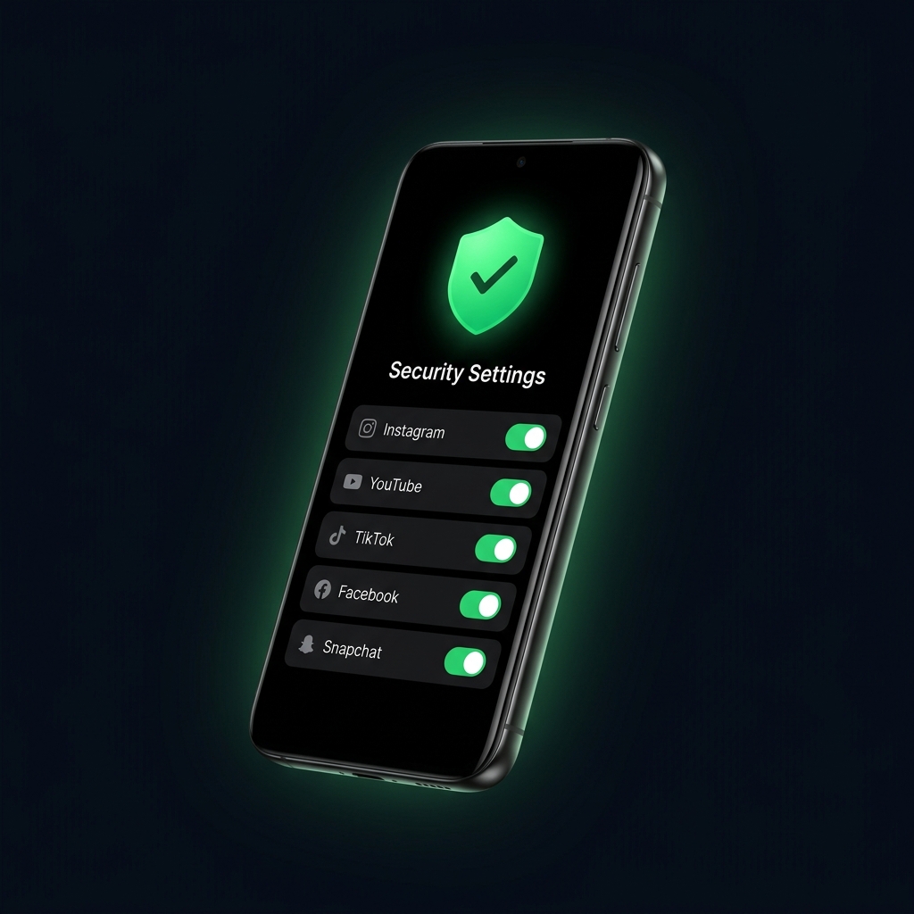 FocusShield app interface showing social media blocking toggles for Instagram, YouTube, TikTok, Facebook, and Snapchat